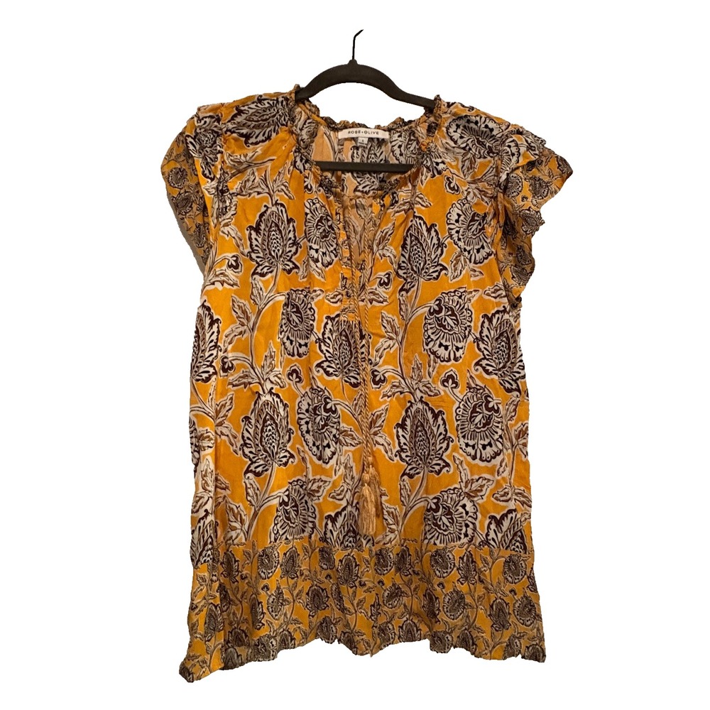 Rose+Olive Large Mustard Yellow Floral Leaf Print, Ruffle Sleeve Tie V Neck Top